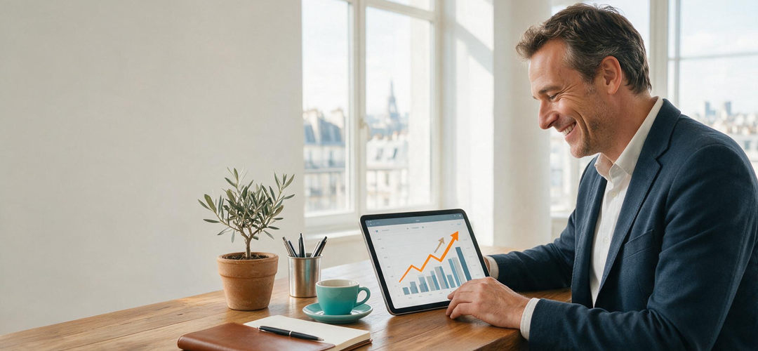 Franchisé B2B analysant la courbe de revenus qui lui permet de vivre de sa franchise