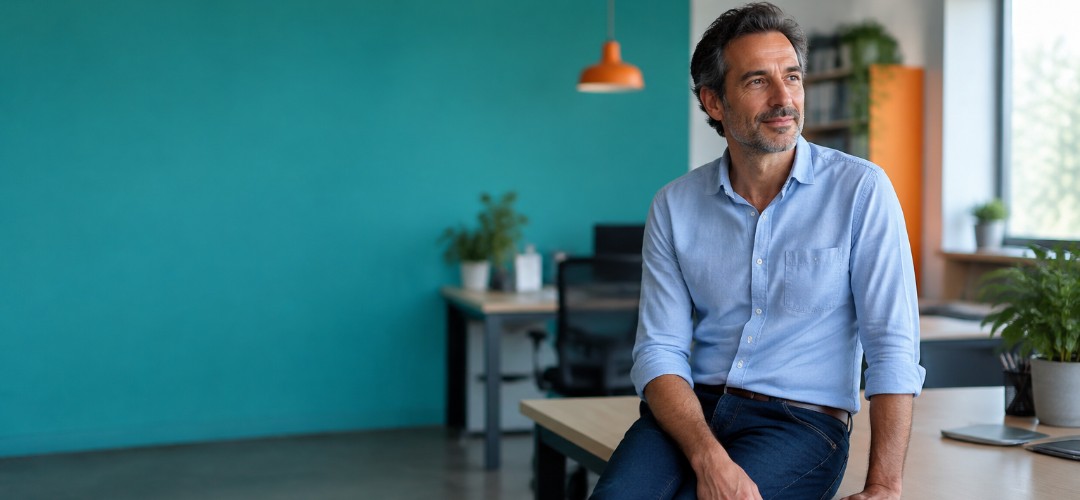 Avantages salariés du dirigeant Dirigeant de PME dans ses bureaux, illustrant les avantages salariés accessibles au chef d'entreprise selon son statut