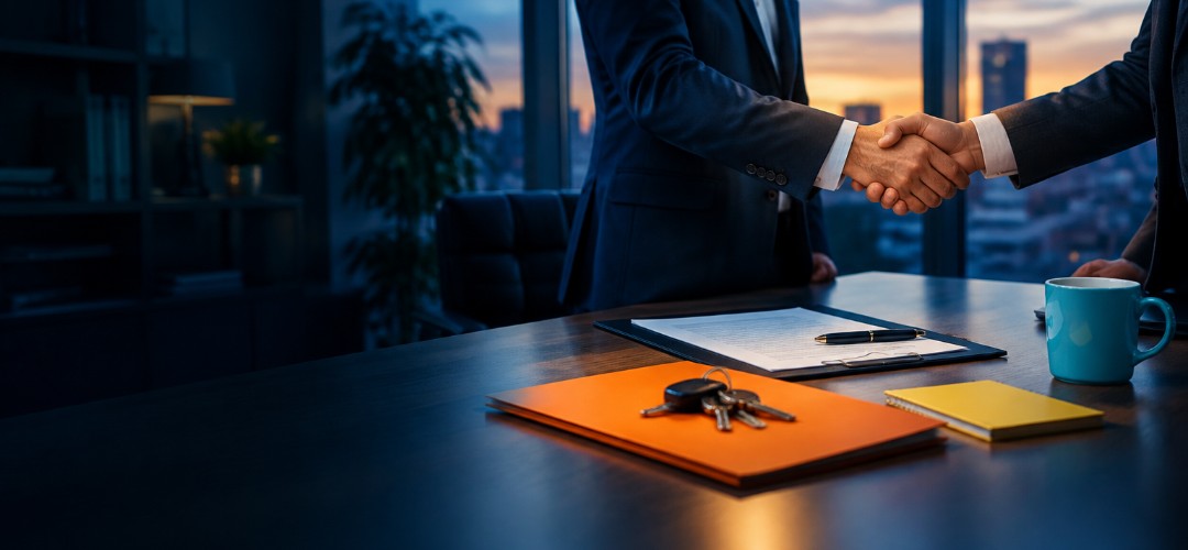 Revendre sa franchise : poignée de main et remise des clés lors de la cession d'une agence B2B