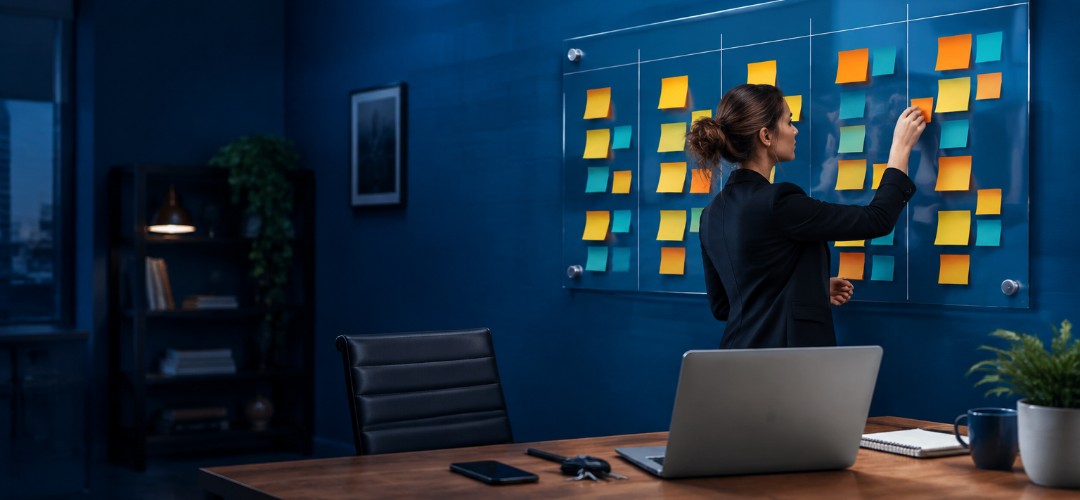 Semaine type d'un franchisé B2B : une entrepreneuse organise sa semaine sur un planning mural