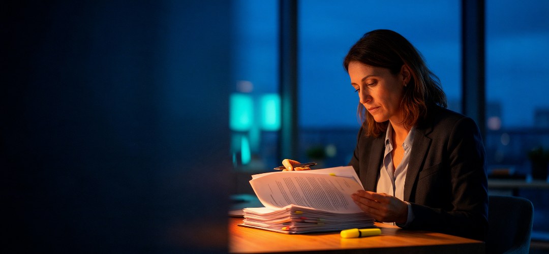 Clauses du contrat de franchise : une future franchisée relit et annote son contrat avant de signer