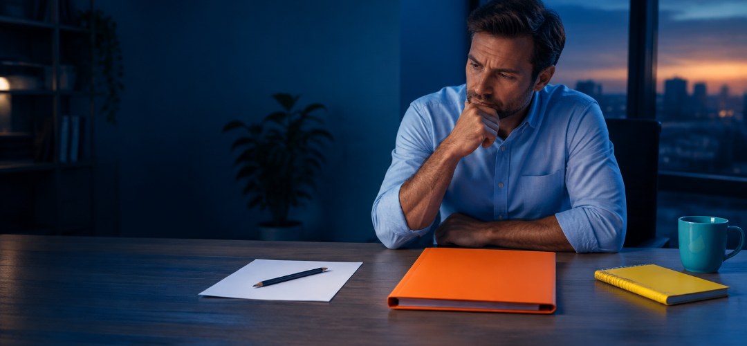 Franchise ou création d'entreprise : un homme de 40 ans hésite à son bureau entre une feuille blanche et un dossier orange de réseau de franchise